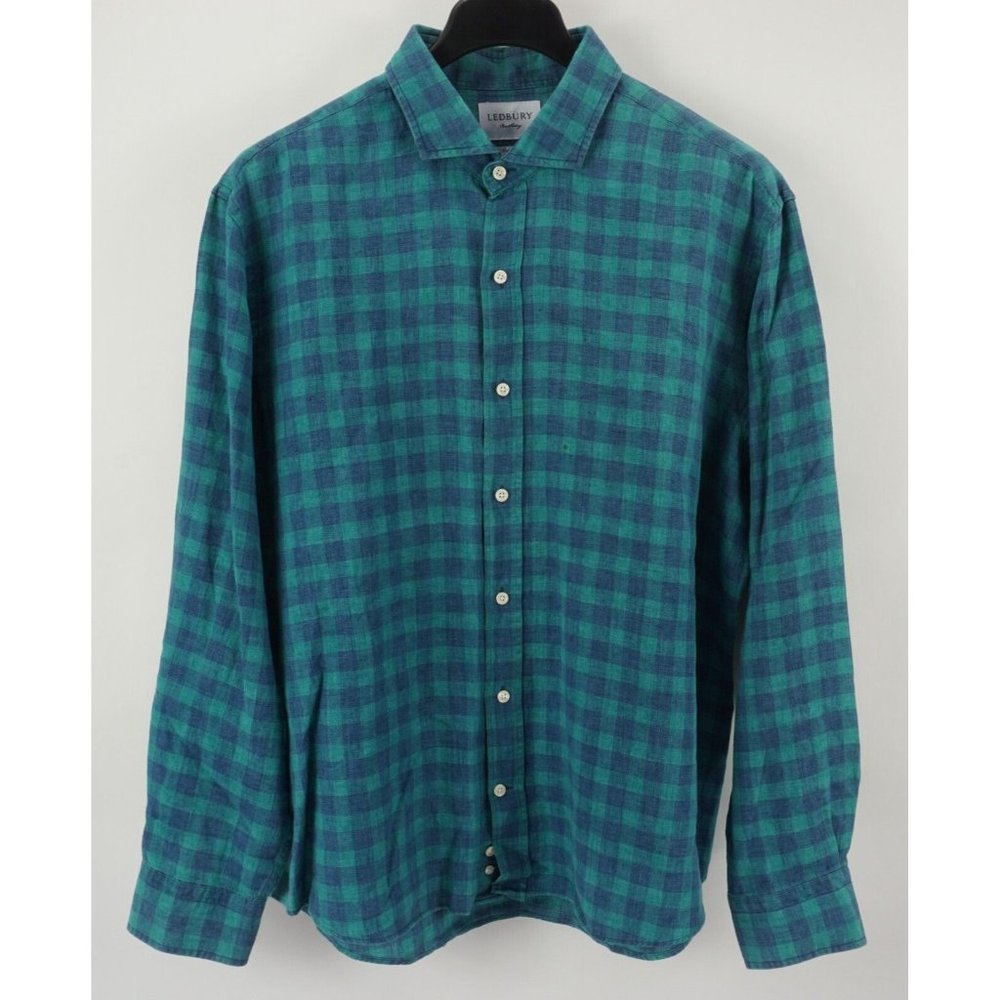 Ledbury‎ Men's 2XL Long Sleeve Blue Green Check Linen Cutaway Button Up Shirt
